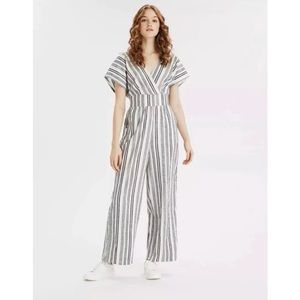 American Eagle Gray Striped V-Neck Jumpsuit
